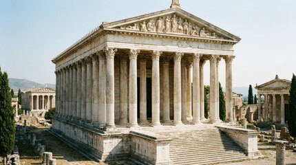 Obraz premium A Greek and Roman temple with tall marble columns, classical white stone architecture and noble antique symmetry under clear light, majestic timeless mood, ultra-realistic, no logos.