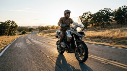 Fototapeta premium Motorcycle traveling on a quiet rural road, open countryside, subtle motion blur, sunlight on asphalt and a strong sense of solo freedom and exploration, photorealistic transport photography,