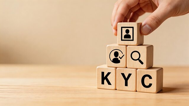 KYC compliance concept with wooden blocks showing identity verification customer due diligence and risk assessment for financial security and regulatory adherence in banking