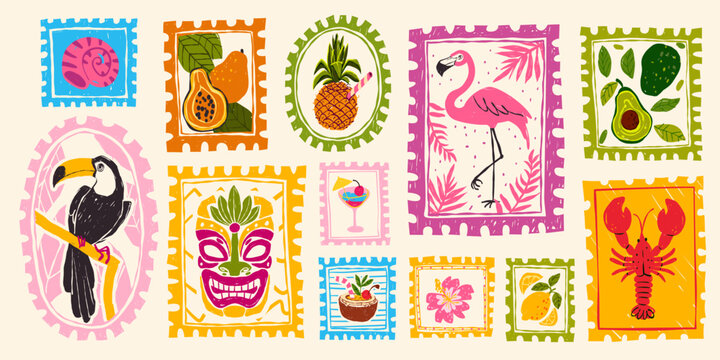 Vintage summer hand drawn postage stamps with tropical beach elements, postcard frames, vector sticker illustrations. Exotic vacation motifs, retro travel design and coastal prints.
