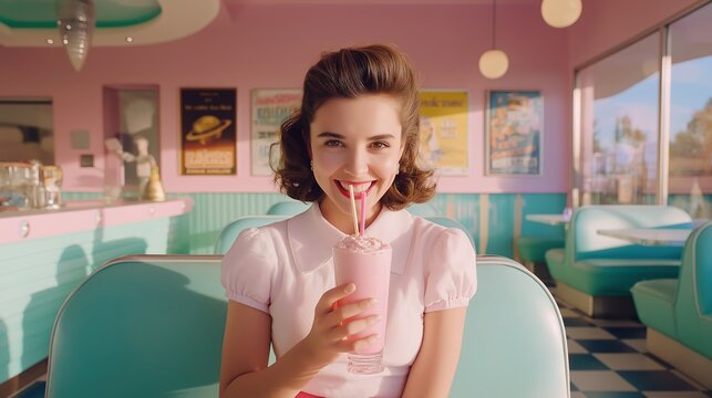 Retro-futurism photography of young woman with 1950s updo smiling while sipping pink milkshake at turquoise booth in pastel pink diner