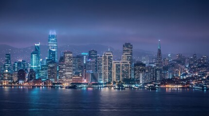 Obraz premium San Francisco skyline, expansive urban skyline after dark, the bay and distant hills layered under maritime haze, illuminated towers rising near the waterfront in cool evening color, featuring