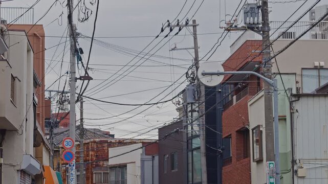 A low angle view showing the complex layering of electrical wires, utility poles, and transformers against an overcast sky.