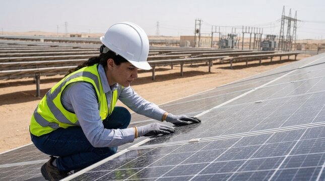 Engineer in protective helmet inspecting solar panels at power station, hands checking equipment surface, modern renewable energy facility, bright daylight and industrial clarity, cinematic realism,