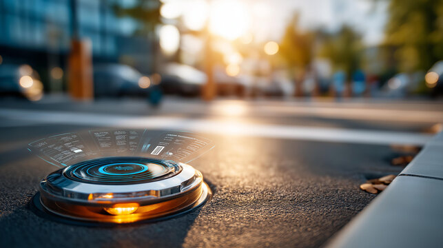 Close up of a connected parking sensor mounted in a bright parking lot pavement the sensor showing an embedded device with a transmission antenna flush with the ground a digital