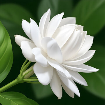 Beautiful blooming white Arabian jasmine flower illustration on dark green leaves background