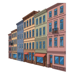 Fototapeta premium Colorful Row Houses Facade with Shops and Balcony, European Architecture Style