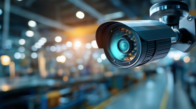 Close up of a security ip camera mounted at a bright modern manufacturing facility the camera showing a pan tilt housing with a lens and an infrared illuminator a digital