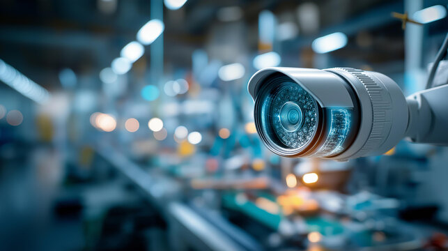Close up of a security ip camera mounted at a bright modern manufacturing facility the camera showing a pan tilt housing with a lens and an infrared illuminator a digital