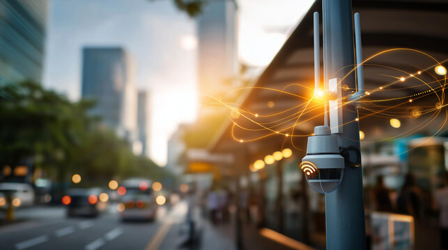 Close up of a smart street light pole in a bright urban setting showing an integrated camera environmental sensor pod and 5g small cell antenna a digital overlay showing the