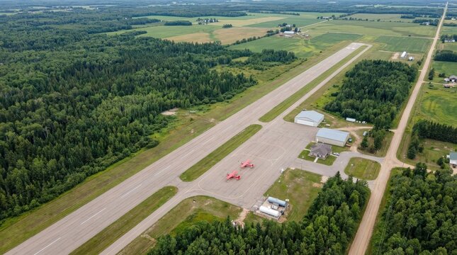 Aerial view of a long airport runway with two small red planes on the tarmac, green forest surrounding the airfield and open fields stretching beyond, rural aviation hub, precise overhead composition,