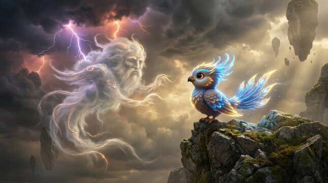 A chibi thunderbird facing a spirit cloud in a dramatic sky, glowing storm light, mythic fantasy atmosphere, ultra-realistic, no logos.