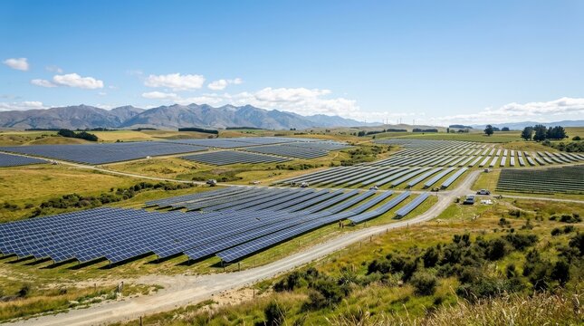 Wide view of solar farm with photovoltaic panels arranged in rows, bright daylight and open sky, sustainable energy production concept, cinematic landscape shot, shot on Canon EOS R6,no logos
