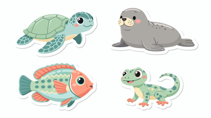 Fototapeta premium Cute cartoon animal stickers featuring a sea turtle, a seal pup, a colorful fish, and a green gecko, isolated on white background.
