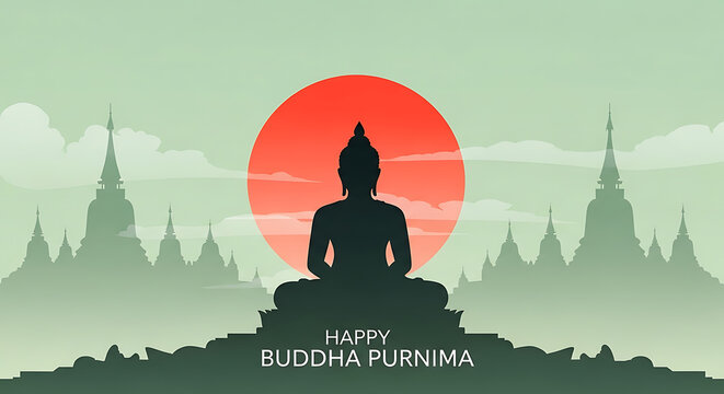 Happy Buddha Purnima Serene Silhouette of Meditating Buddha Amidst Pagodas, Symbolizing Enlightenment