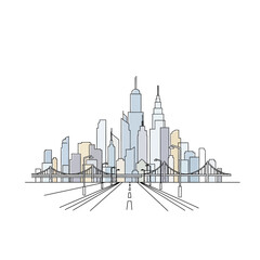 Fototapeta premium Modern City Skyline with Bridge and Road - Minimalist Line Art