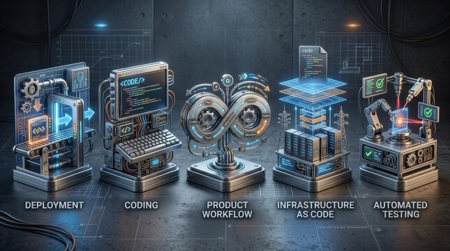 A DevOps icon set rendered as photorealistic 3D engineering symbols, including deployment, coding, product workflow, infrastructure as code, and automated testing, cohesive technology presentation