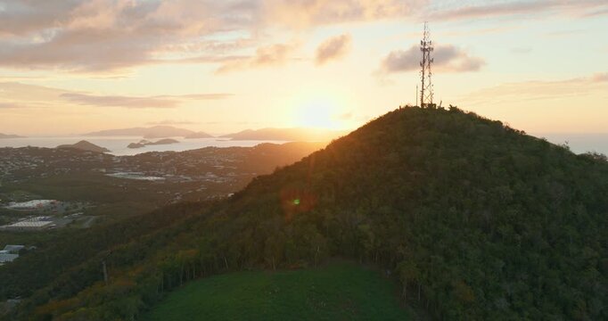Forested Mountains Over Charlotte Amalie In St. Thomas, U.S. Virgin Islands During Sunrise. Aerial Drone Shot