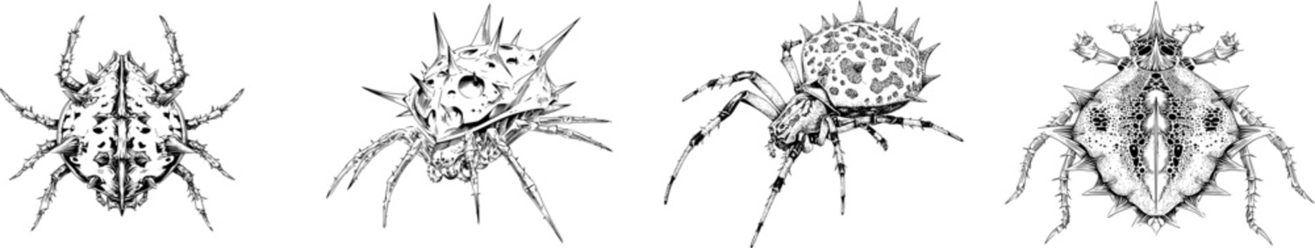 A detailed Spiny Orb Weaver spider showcases a unique spiked shell profile with sharp black ink outlines against a solid white background in monochrome coloring book style