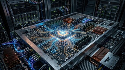 Fototapeta premium An AI processor core powering an intelligent network system, radiant central chip, intricate circuit lines, metallic surfaces, dramatic sci-fi lighting, ultra-realistic, no logos.