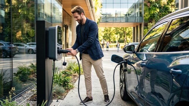 Stylish man connecting electric car charger again in modern setting, eco-friendly lifestyle scene with sunlight reflections, cinematic composition, shot on Canon EOS R6,no logos