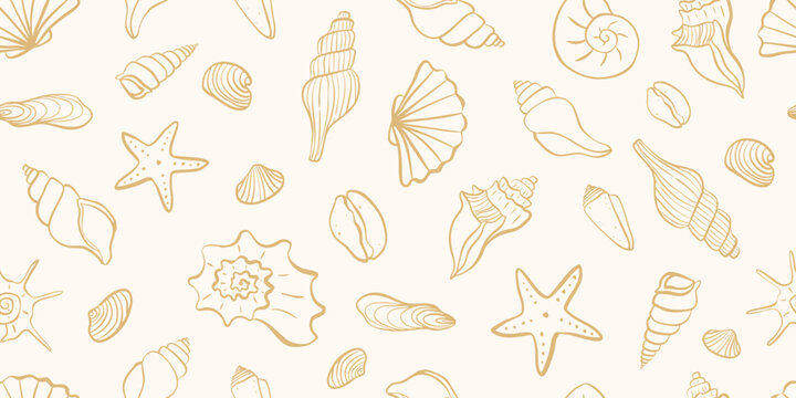 Seamless pattern with hand drawn seashell in line art 