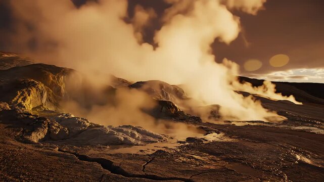 Natural steam vents displaying geothermal energy in volcanic field