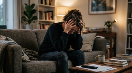 Fototapeta premium Woman sitting on sofa holding her head in stress, soft indoor lighting emphasizing tension, modern living room with subtle clutter, emotional exhaustion conveyed through posture, cinematic realism,