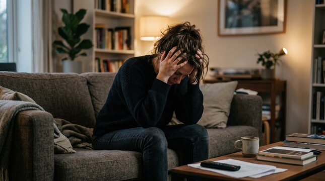 Woman sitting on sofa holding her head in stress, soft indoor lighting emphasizing tension, modern living room with subtle clutter, emotional exhaustion conveyed through posture, cinematic realism,