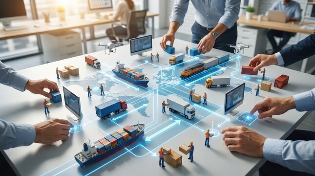 A flat logistics business set with people handling goods supply chain, cargo transport and freight systems, modern infographic structure and efficient motion, ultra-realistic, no logos.