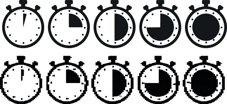 Five stopwatch icons depicting decreasing time with varying fill levels on transparent background