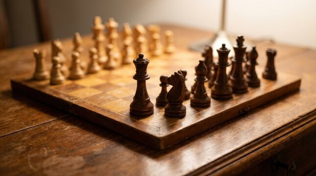 Chessboard with pieces arranged for game start on wooden table, soft indoor lighting, shallow depth highlighting queen and knight, strategic mood, photorealistic detail, shot on Nikon Z6, macro