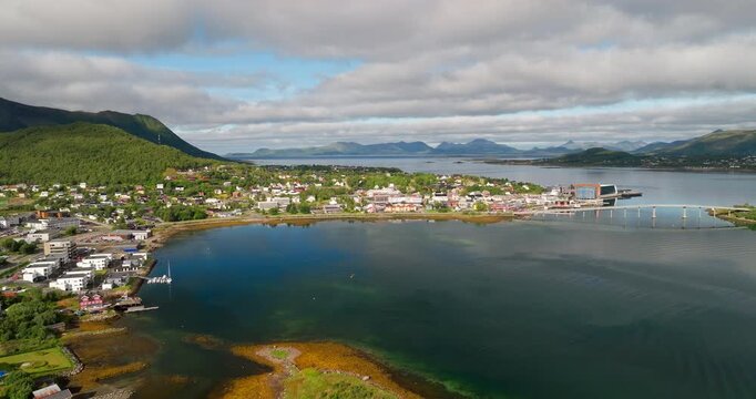 Wide aerial view of Stokmarknes old Norwegian fishing community on Hadseloya