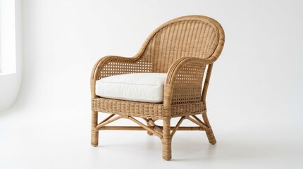 Fototapeta premium A light brown rattan chair with a white cushion against a white background, woven texture, natural tones, clean studio light, fresh coastal elegance, ultra-realistic, no logos.
