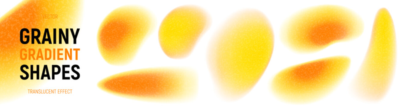Orange and yellow grainy gradient shapes. Vibrant vector shapes with blur edges, iridescent gradient and grainy texture. Bright acid neon gradient shapes isolated on light background.