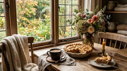 Fototapeta premium A cozy scene with pie, coffee and flowers on a table by soft window light, warm textiles and gentle homestead charm, peaceful comforting atmosphere, ultra-realistic, no logos.