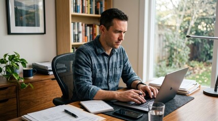 Obraz premium Man working on laptop with paperwork at home desk, focused expression, natural lighting, organized workspace, photorealistic detail, shot on Sony A7III,no logos