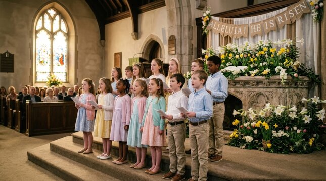 A group of children singing in church during Easter celebration, kids standing near a decorative stone tomb and flowers, soft golden light, reverent resurrection praise atmosphere, ultra-realistic, no