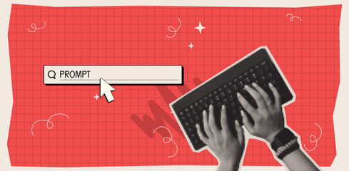Plakat Ai tech collage poster with halftone texture, computer keyboard, typing hands and prompt frame bar, abstract vector background. Retro art design, artificial intelligence contemporary concept