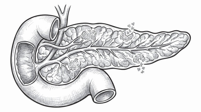 Hand drawn pencil sketch illustration of the human pancreas and duodenum