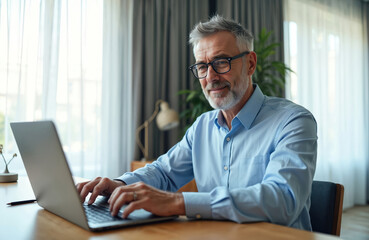 Fototapeta premium Mature man with grey hair and beard types on laptop computer. He sits at wooden desk in home office wearing blue shirt and glasses. Calm focused worker prepares presentation or report.