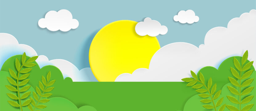 Spring paper cut landscape with grass and bushes under blue sky, vector background. Origami style garden or forest scene with yellow rising or downing sun, white fluffy clouds, green meadow backdrop