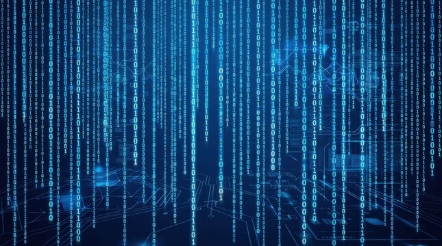 Binary numbers falling like digital rain on a blue background, futuristic cyber stream, abstract tech pattern, software code, matrix effect, and information security design, photorealistic