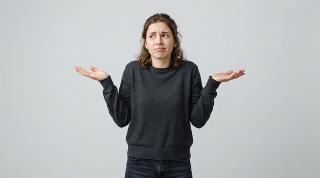A young woman isolated on a plain background with an indifferent shrug, uncertain expression, questioning gesture, consumer doubt or confusion concept, photorealistic commercial photography, clean