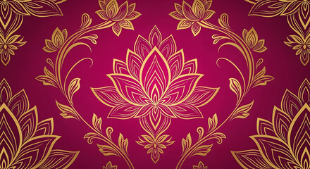 Fototapeta premium Elegant seamless golden ornamental floral pattern featuring intricate lotus flowers on a vibrant magenta background