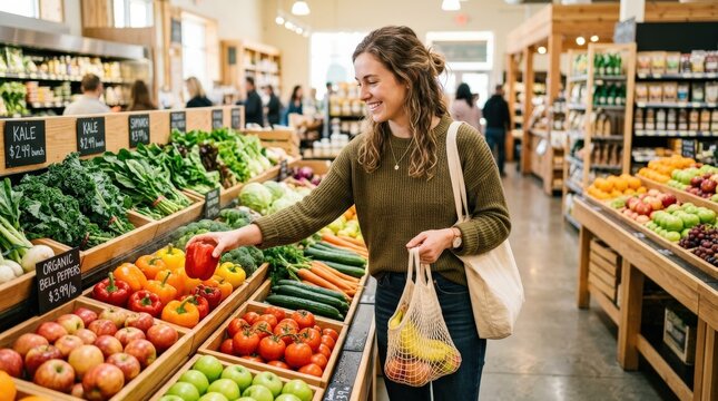 Young woman selecting fresh fruits and vegetables in grocery store, colorful produce displayed neatly, bright lighting and natural textures, healthy lifestyle concept, shot on Nikon Z6,no logos