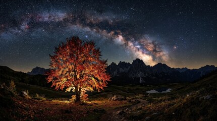 Fototapeta premium An illuminated autumn tree under a star-filled night sky, Milky Way streak rising above dark mountain silhouettes, tranquil celestial landscape and crisp seasonal contrast, ultra-realistic, no logos.
