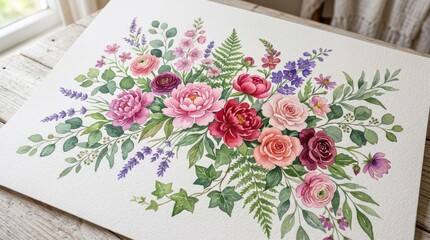 Obraz premium Watercolor floral illustrations with flowers and leaves in pink, purple, red and green, hand-painted botanical richness and delicate tonal variation, soft wedding-inspired mood, ultra-realistic, no