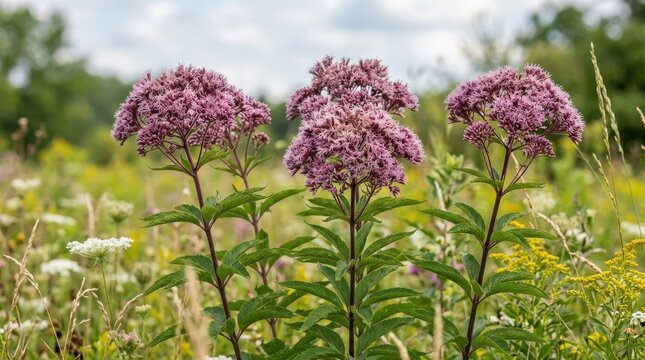Purple Joe-Pye weed with tall stems and clustered mauve blossoms, frontal isolated wildflower composition in high-resolution daylight, airy meadow atmosphere, ultra-realistic, no logos.