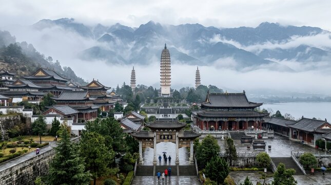 Chongsheng Monastery, iconic landmark presented with realistic scale and detail, traditional gateways and layered temple roofs, mist-wrapped mountains adding a quiet spiritual mood, featuring china,